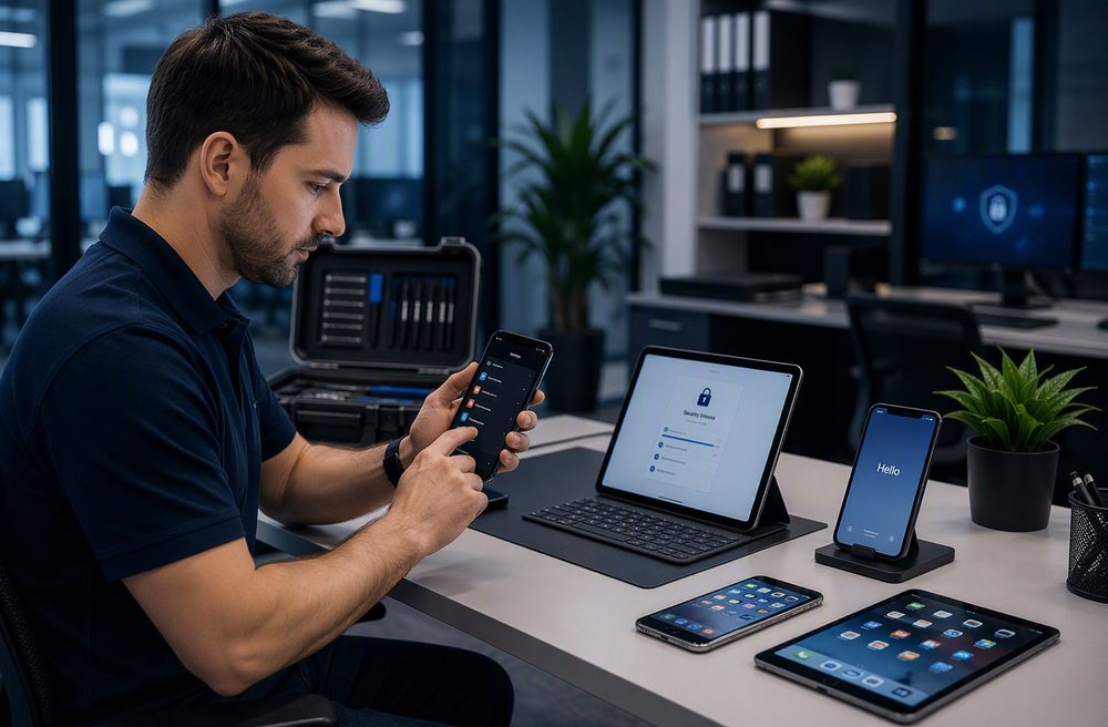 Thabet Khankan bei der Arbeit mit mobilen Geräten im Büro