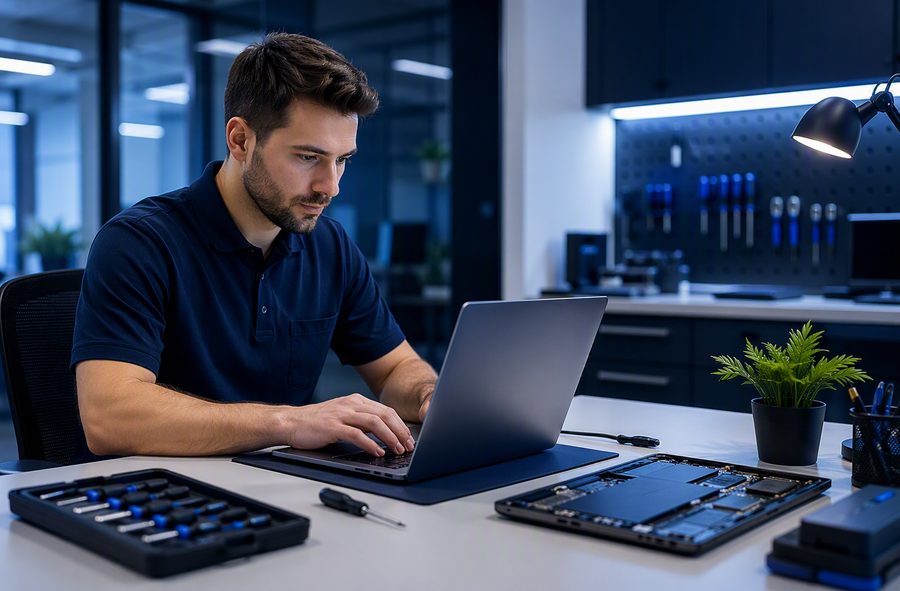 IT-Techniker richtet einen Business-Laptop ein