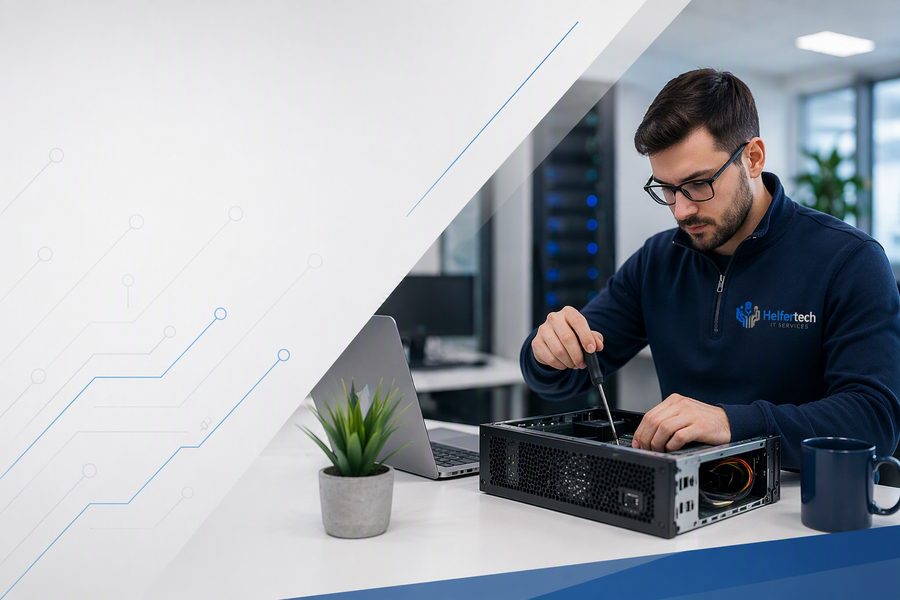 Helfertech IT-Techniker bei der Arbeit an einem Server