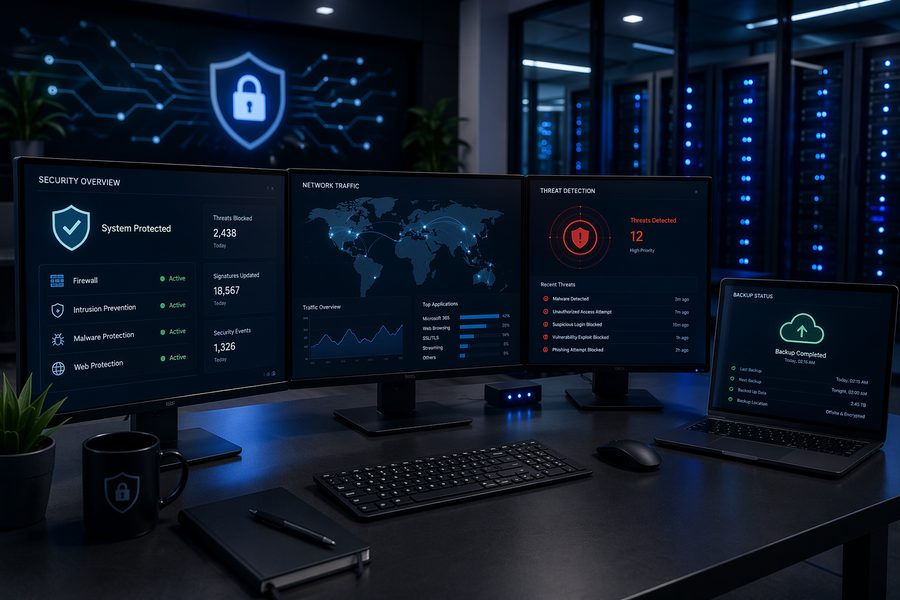 Cybersecurity Dashboard mit Firewall und Backup